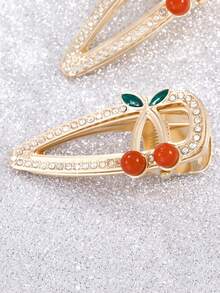 2 Piezas Accesorio Para El Cabello Con Clip En Forma De Cereza Con Diamantes De Imitación De Moda - Verde - Ver 3