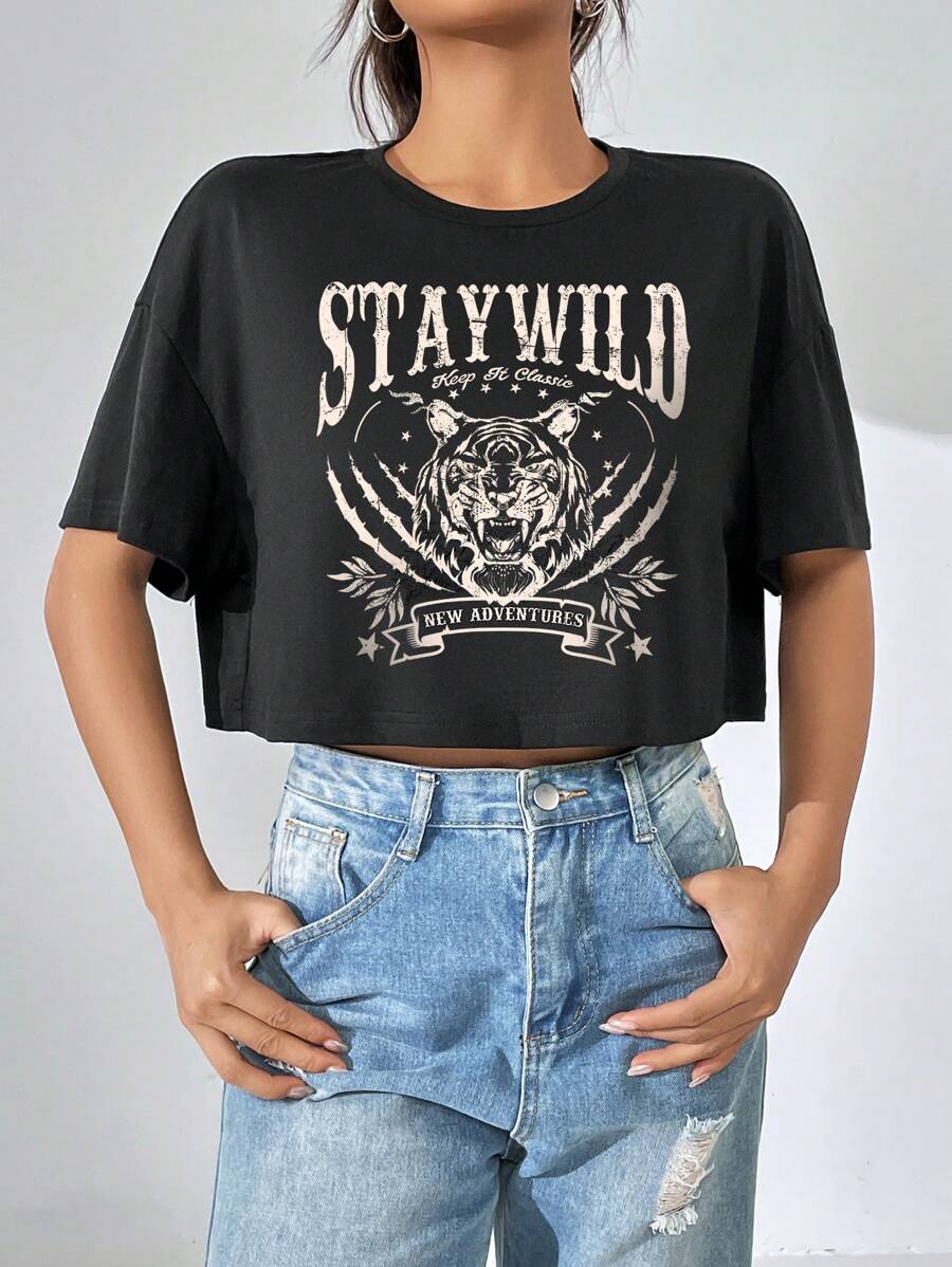 SHEIN Coolane Áo thun nữ Thú vật Lá thư Giải trí - màu đen - Xem 1