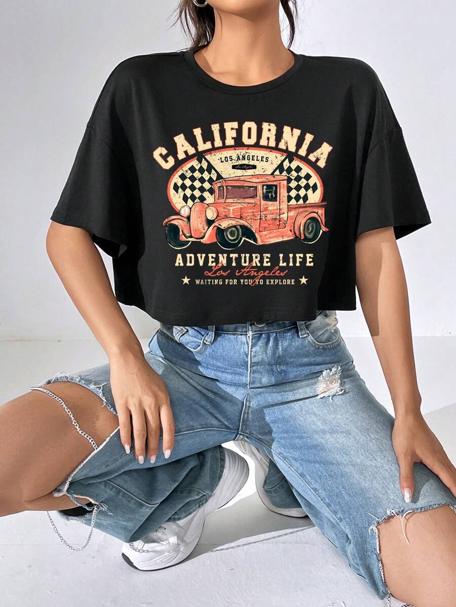 SHEIN EZwear Camiseta de hombros caídos con estampado de coche y slogan - Negro - Ver 1