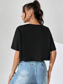 SHEIN EZwear 摩托車和標語圖案落肩袖短款T恤 - 黑色 - 查看 2