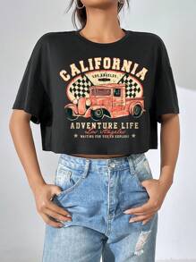 SHEIN EZwear 汽車和標語圖案落肩T恤 - 黑色 - 查看 6