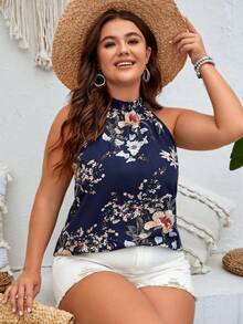SHEIN Clasi Plus Floral Print Halter Neck Blouse - Multicolor - View 3