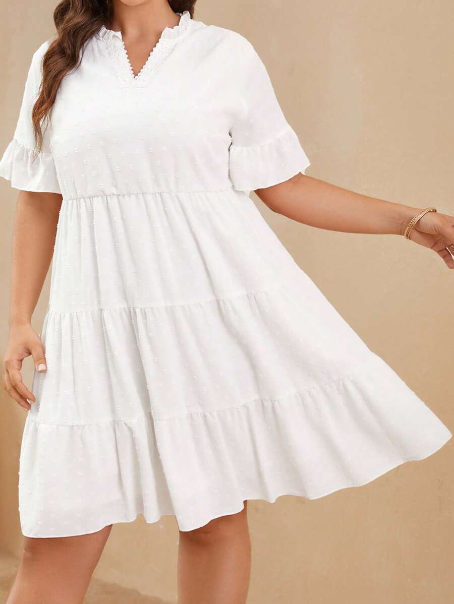 SHEIN LUNE Đầm xòe tay bèo nhún chấm bi Thụy Sĩ cỡ lớn - trắng - Xem 1