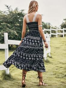 SHEIN VCAY 佩斯利印花蕾絲拼接多層下擺洋裝 - 黑色 - 查看 2