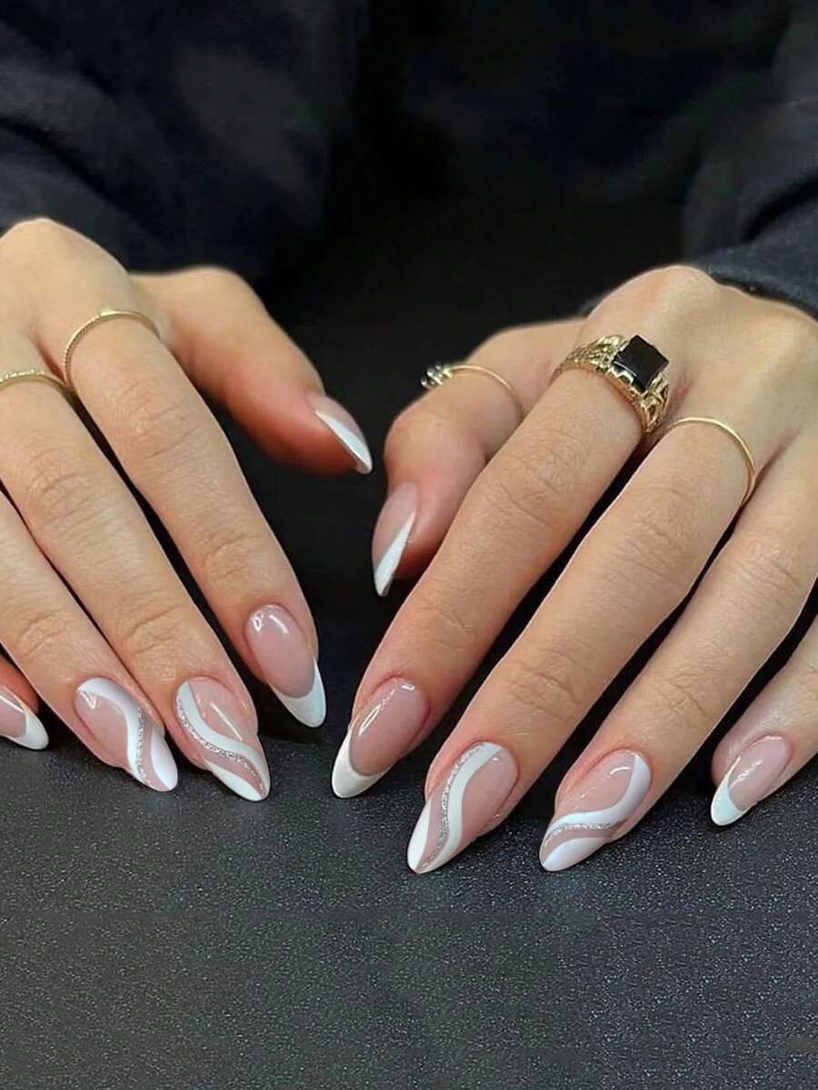 24 Pieces Of Press-On Short Almond Nails With White Stripes, Silver Glitter, White French Tips And Pink Base, Comes With A Nail File And Jelly Glue. Nail Supplies Nails