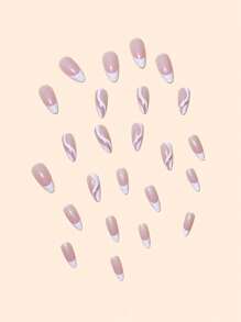 24 Pieces Of Press-On Short Almond Nails With White Stripes, Silver Glitter, White French Tips And Pink Base, Comes With A Nail File And Jelly Glue. Nail Supplies Nails