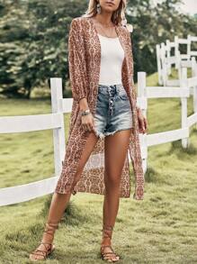 Swim Vcay Allover Print Lantern Sleeve Open Front Kimono Summer - Khaki - View 6