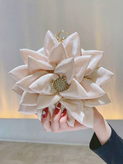 Fairy Bag Sweet & Versatile Petal Shaped Evening Bag For Women, Detachable Flower & Rhinestone Decor Clutch Bag With Wristlet & Chain, Exquisite Floral Bag For Women