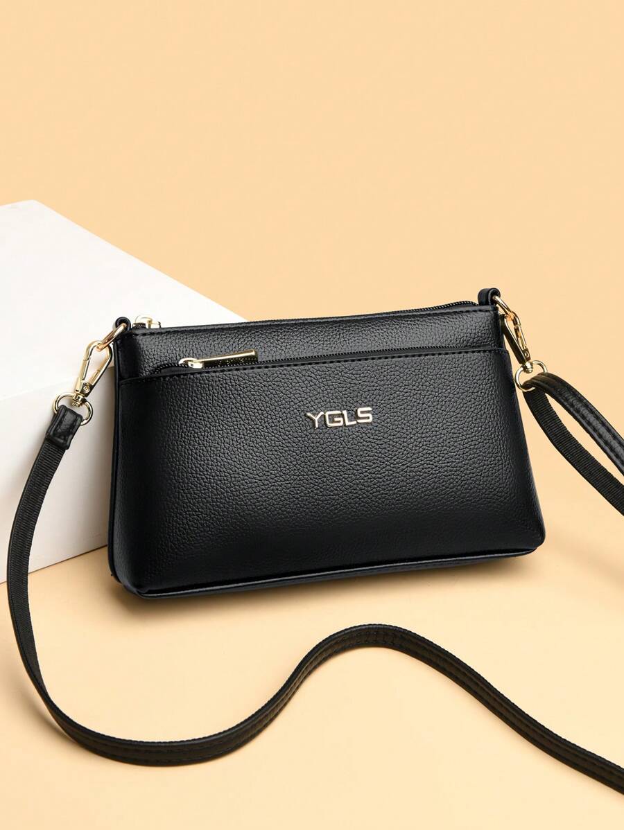 Litchi Embossed Square Bag Black Adjustable Strap For Daily - Black - View 1