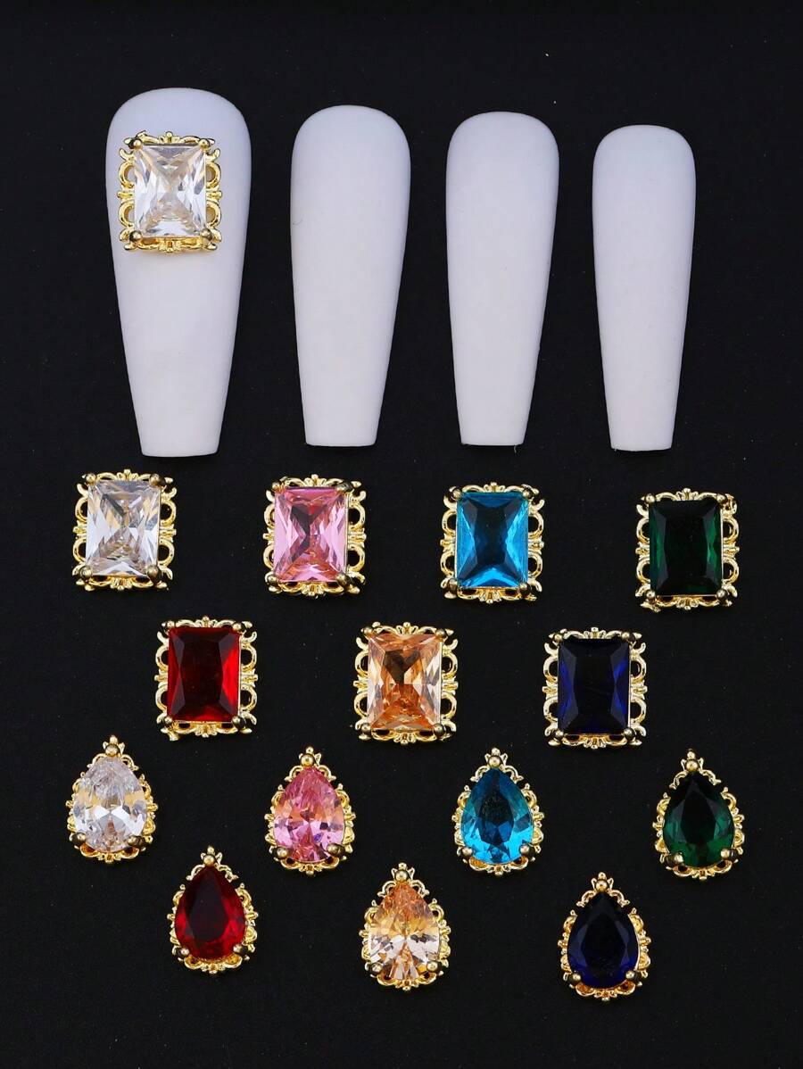 3片宮廷風格鏤空輕奢寶石鑽石彩色鋯美甲貼片 - 藏蓝色 - 查看 1