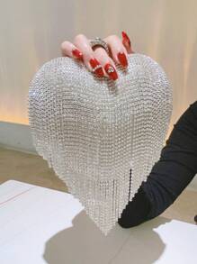 闪闪发光，闪亮迷人，优雅，精致迷你新奇包水钻和流苏装饰适合派对，完美的新娘钱包适合婚礼，舞会和派对活动晚宴包，晚宴包适合派对女孩，女士，适合女性非常适合派对，婚礼，舞会，晚宴/宴会，适合女性的最佳礼物搭配，完美的礼服，婚纱，女士正式礼服，舞会礼服，礼服，生日礼服情人节 - 銀色 - 查看 3