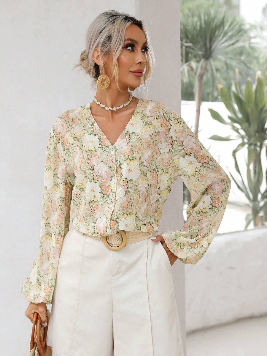 SHEIN Frenchy Allover Print Lantern Sleeve Button Front Blouse - Apricot - View 1