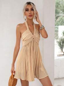 GENKIRA Đầm Lộ Lưng Buộc lại Dải chun màu trơn Boho - Màu Khaki - Xem 6