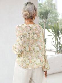 SHEIN Frenchy Allover Print Lantern Sleeve Button Front Blouse - Apricot - View 2