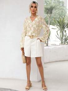 SHEIN Frenchy Allover Print Lantern Sleeve Button Front Blouse - Apricot - View 3