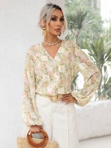 SHEIN Frenchy Allover Print Lantern Sleeve Button Front Blouse - Apricot - View 5