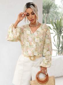 SHEIN Frenchy Allover Print Lantern Sleeve Button Front Blouse - Apricot - View 7