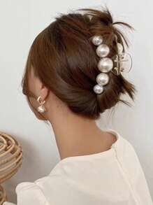 Kẹp Tóc Trang Trí Ngọc Trai Giả & Scrunchie - Đen và trắng - Xem 1