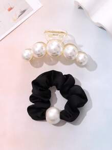 Kẹp Tóc Trang Trí Ngọc Trai Giả & Scrunchie - Đen và trắng - Xem 4