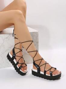 Women Tie Leg Wedge Sandals, Fashionable Outdoor Strappy Sandals - Black and White - View 1