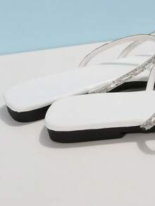 Women's Fashion Crystal Embellished Flat One-Strap Sandals, Versatile For Beach, Date, Street, Party, Banquet, Commute - White - View 5