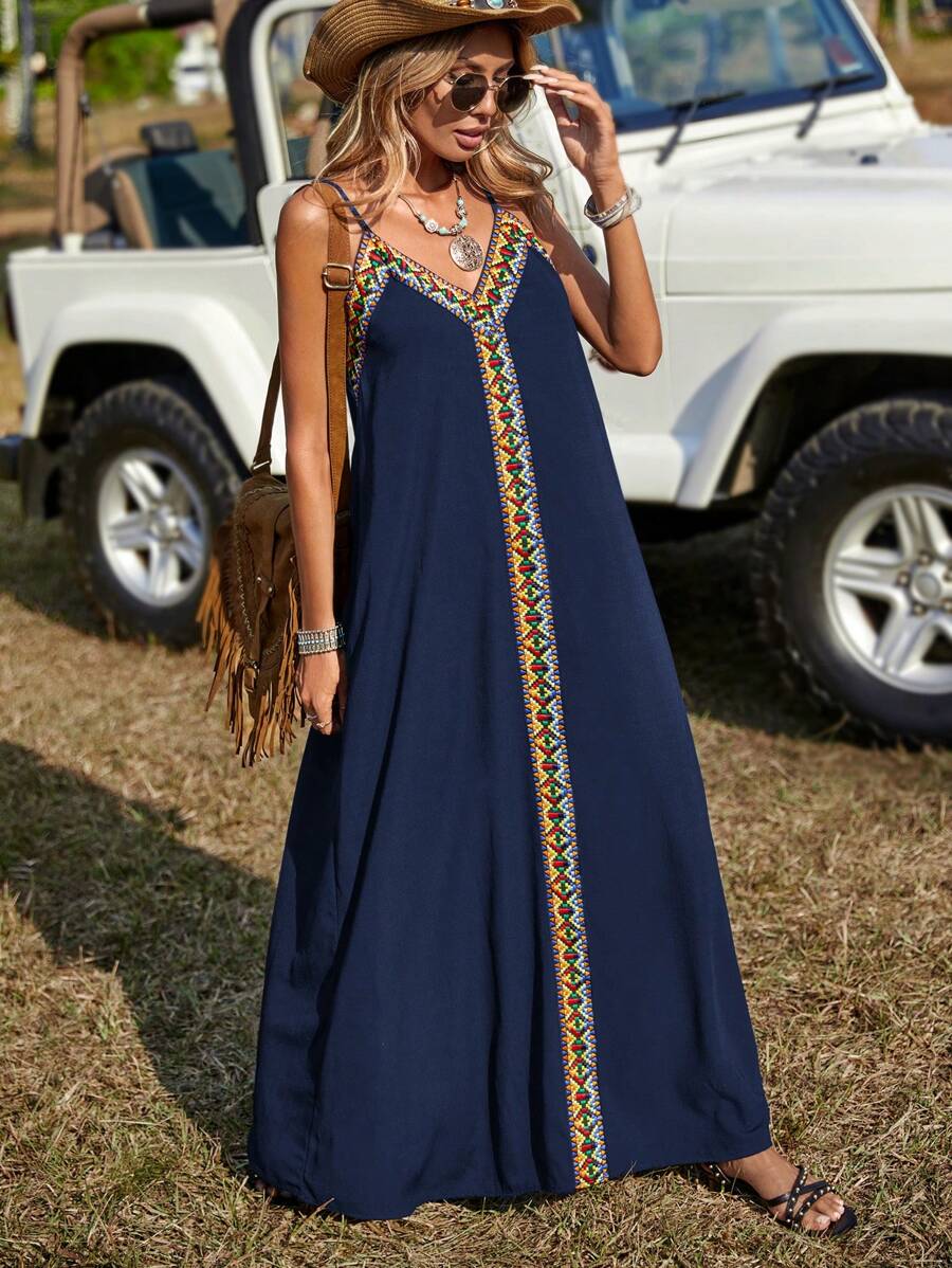 SHEIN LUNE Contrast Geo Tape Maxi Cami Dress - Navy Blue - View 1