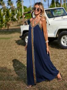 SHEIN LUNE Contrast Geo Tape Maxi Cami Dress - Navy Blue - View 4