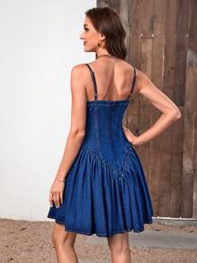 SHEIN Frenchy Ruffle Hem Bustier Cami Denim Dress - Dark Wash - View 2