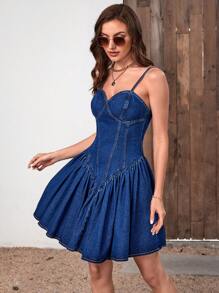 SHEIN Frenchy Ruffle Hem Bustier Cami Denim Dress - Dark Wash - View 1