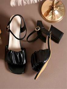 Women Ruched Chunky Heeled Ankle Strap Sandals, Elegant Outdoor Black Heeled Sandals - Black - View 5