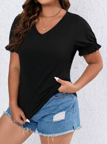 SHEIN Franclia Áo thun Plus size Xù màu trơn Giải trí - màu đen - Xem 3