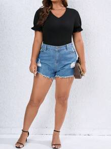 SHEIN Franclia Áo thun Plus size Xù màu trơn Giải trí - màu đen - Xem 5
