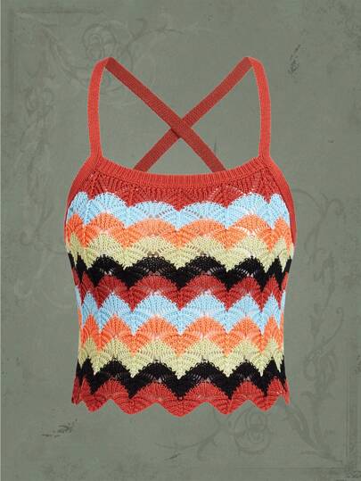 Top tejido de tirantes con patrón de cheurón ribete en abanico