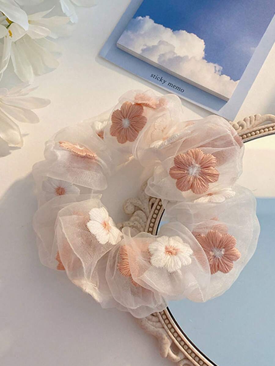 1入女士花朵雪紡蝴蝶結髮圈,適用於馬尾、包子頭、日常穿著 - 粉色 - 查看 1