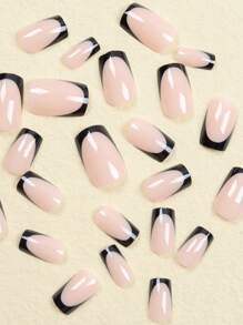 Obtén un look glamoroso con 24 piezas de uñas postizas cuadradas y largas negras de dos tonos estilo francés, 1 hoja de cinta y 1 lima de uñas. Suministros de uñas con punta francesa presionada. uñas falsas uña falsa uña acrílica
