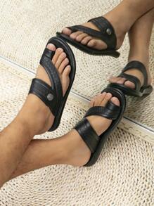 Men's Fashionable Black Slip-on Geometric Pattern Slippers - Black - View 4