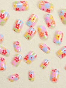 24pcs Short Square Nails With Colorful Flowers For Spring, Comes With 1 Nail File And 1 Jelly Gel, Suitable For Women To Wear At Parties, Dances And For Daily Use Press On Nails Nail Supplies - Multicolor - View 3