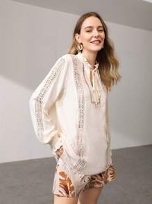 MOTF PREMIUM LINEN VISCOSE GUIPURE LACE BLOUSE - Apricot - View 9