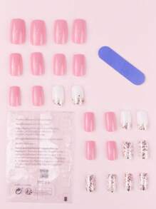 Instantly Upgrade Your Look With 24pcs Medium Size Square Solid Color Glitter Full Cover False Nail For Women And Girls 1pc Nail File & 1sheet Tape Press On Nails Nail Supplies - Multicolor - View 2