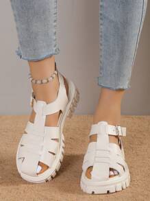 女性鏤空搭扣裝飾度假白色防水台羅馬涼鞋適合夏天 - 白色 - 查看 3