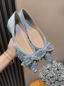 秋冬女士水钻蝴蝶结装饰尖头平底鞋，派对用迷人面料平底鞋 - 藍色 - 查看 2