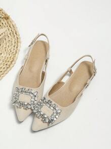 2025 Autumn Women's Rhinestone Pointed Toe Backless Slip-On Flats, Fashionable And Comfortable - Apricot - View 4