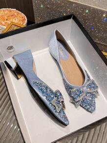 秋冬女士水钻蝴蝶结装饰尖头平底鞋，派对用迷人面料平底鞋 - 藍色 - 查看 9