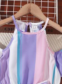 SHEIN Girls Striped Cold Shoulder Belted Dress - Multicolor - View 3