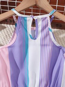 SHEIN Girls Striped Cold Shoulder Belted Dress - Multicolor - View 6