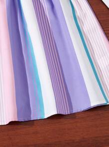 SHEIN Girls Striped Cold Shoulder Belted Dress - Multicolor - View 7