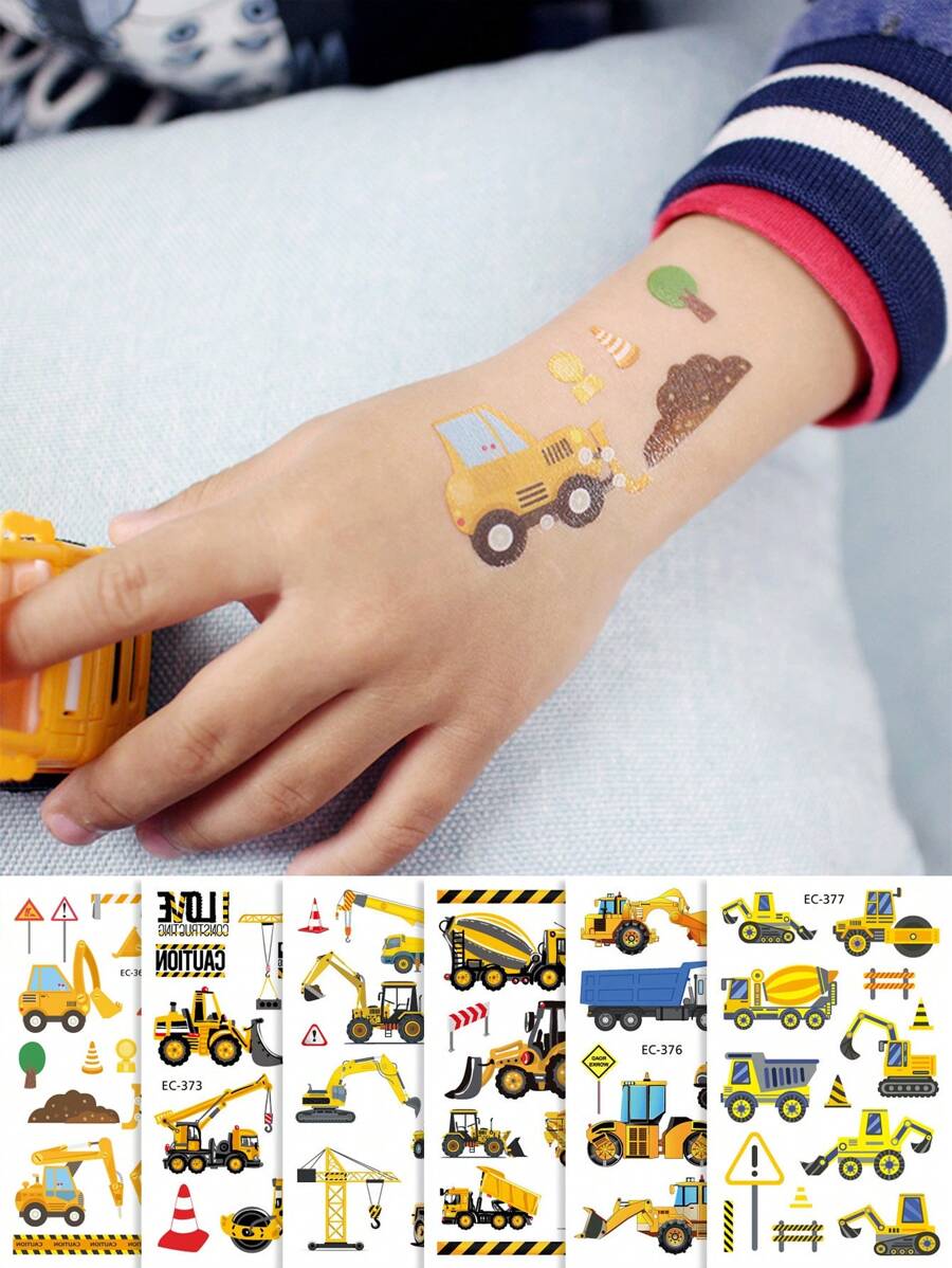 Bộ 6 miếng dán hình xăm tạm thời hoạt hình xe xây dựng thú vị (Ví dụ: Máy xúc, Máy ủi, Cần cẩu, v.v.) có tính năng chống thấm nước - Nhiều màu - Xem 1