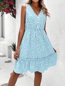 SHEIN VCAY Đầm viền lá sen Viên lá sen Nút phía trước Tất cả trên in Giải trí - Màu xanh nhạt - Xem 1