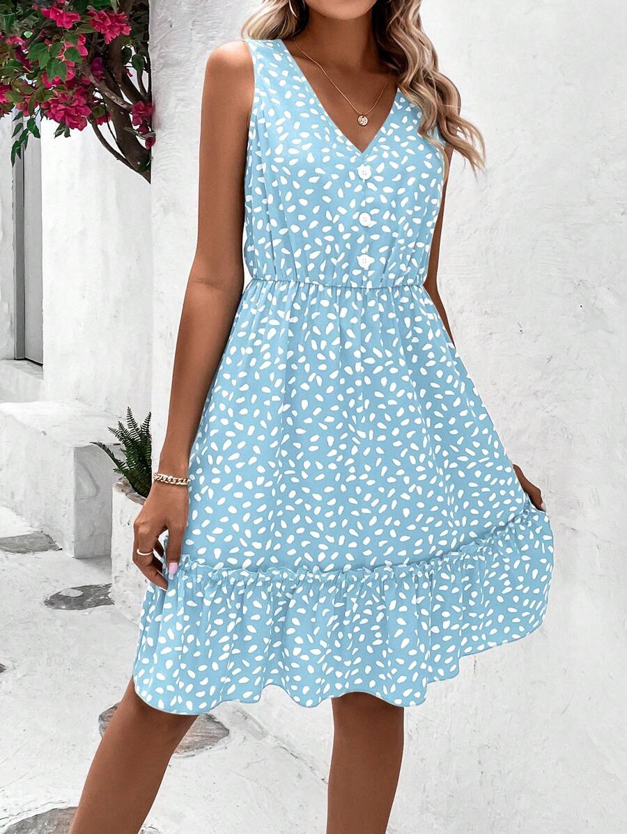 SHEIN VCAY Đầm viền lá sen Viên lá sen Nút phía trước Tất cả trên in Giải trí - Màu xanh nhạt - Xem 1