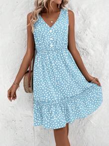 SHEIN VCAY Đầm viền lá sen Viên lá sen Nút phía trước Tất cả trên in Giải trí - Màu xanh nhạt - Xem 4